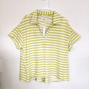 Jane and Delancey Green White Striped V Neck Top sz L Short Sleeve Collared